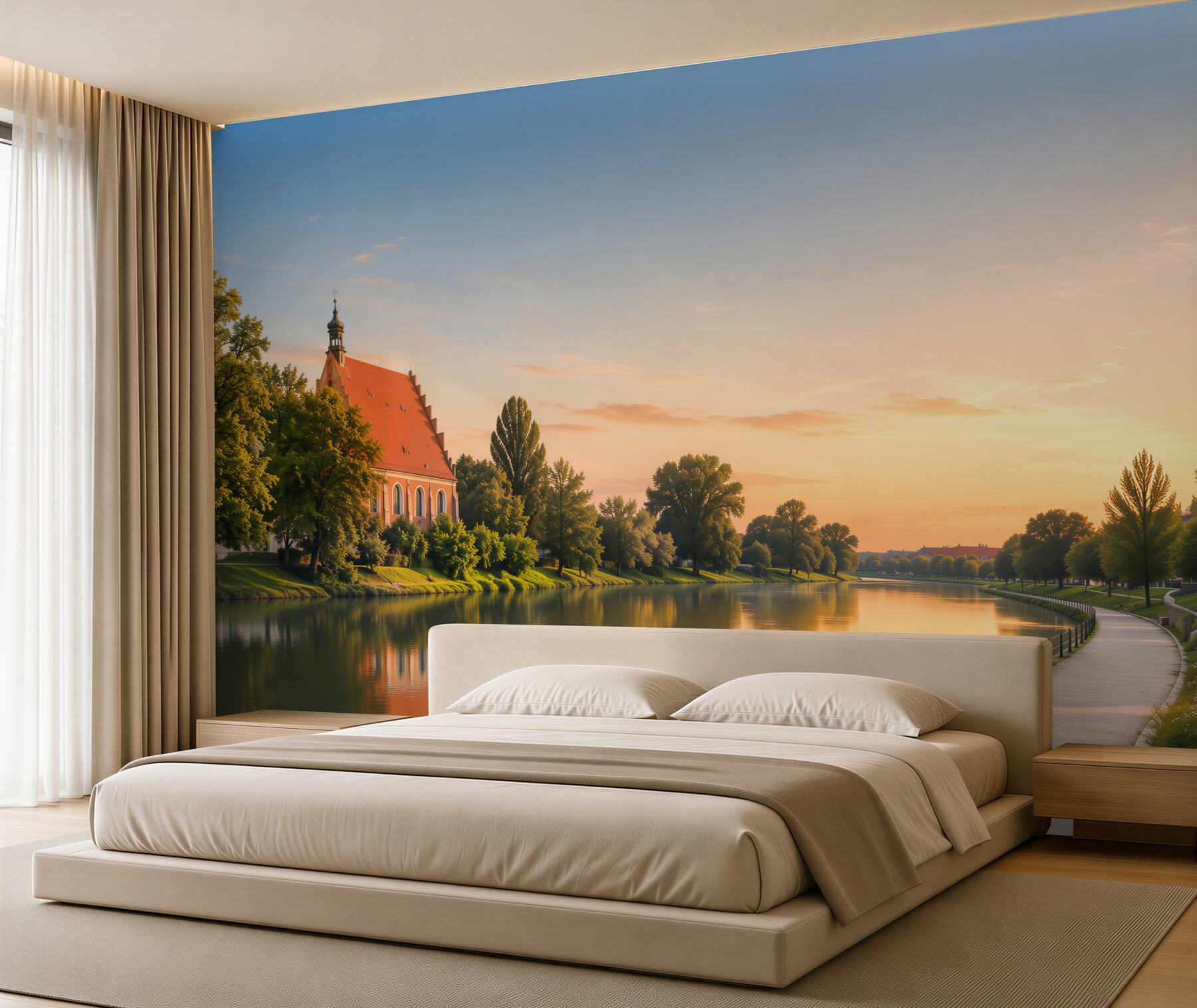 Fototapeta Architektura miasta Bydgoszcz z odbiciem w rzece Brda o zachodzie słońca?v23